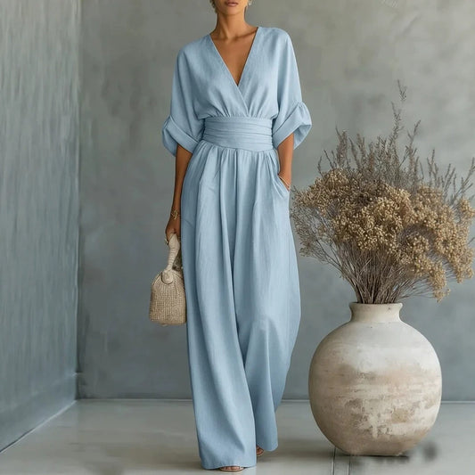 Waist-cinched V-neck Jumpsuit