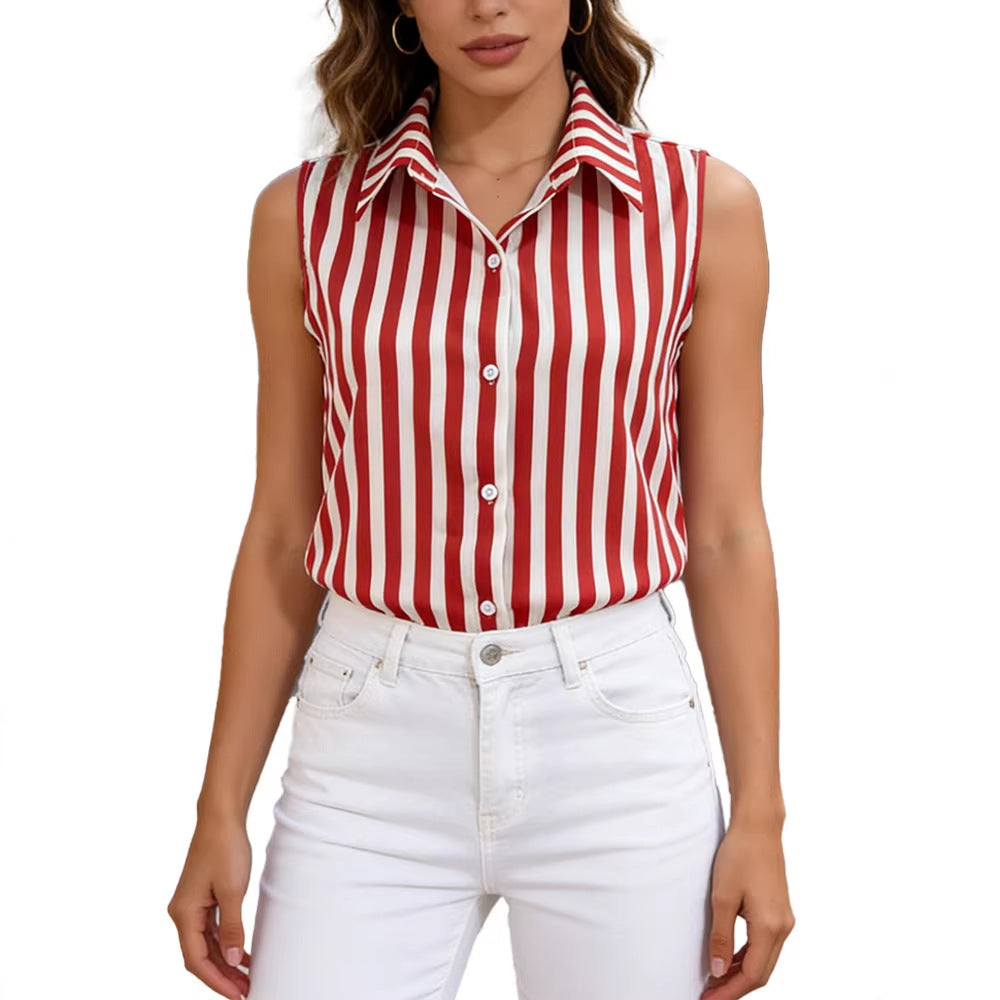 Red Striped Polo-neck Sleeveless Top