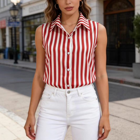 Red Striped Polo-neck Sleeveless Top