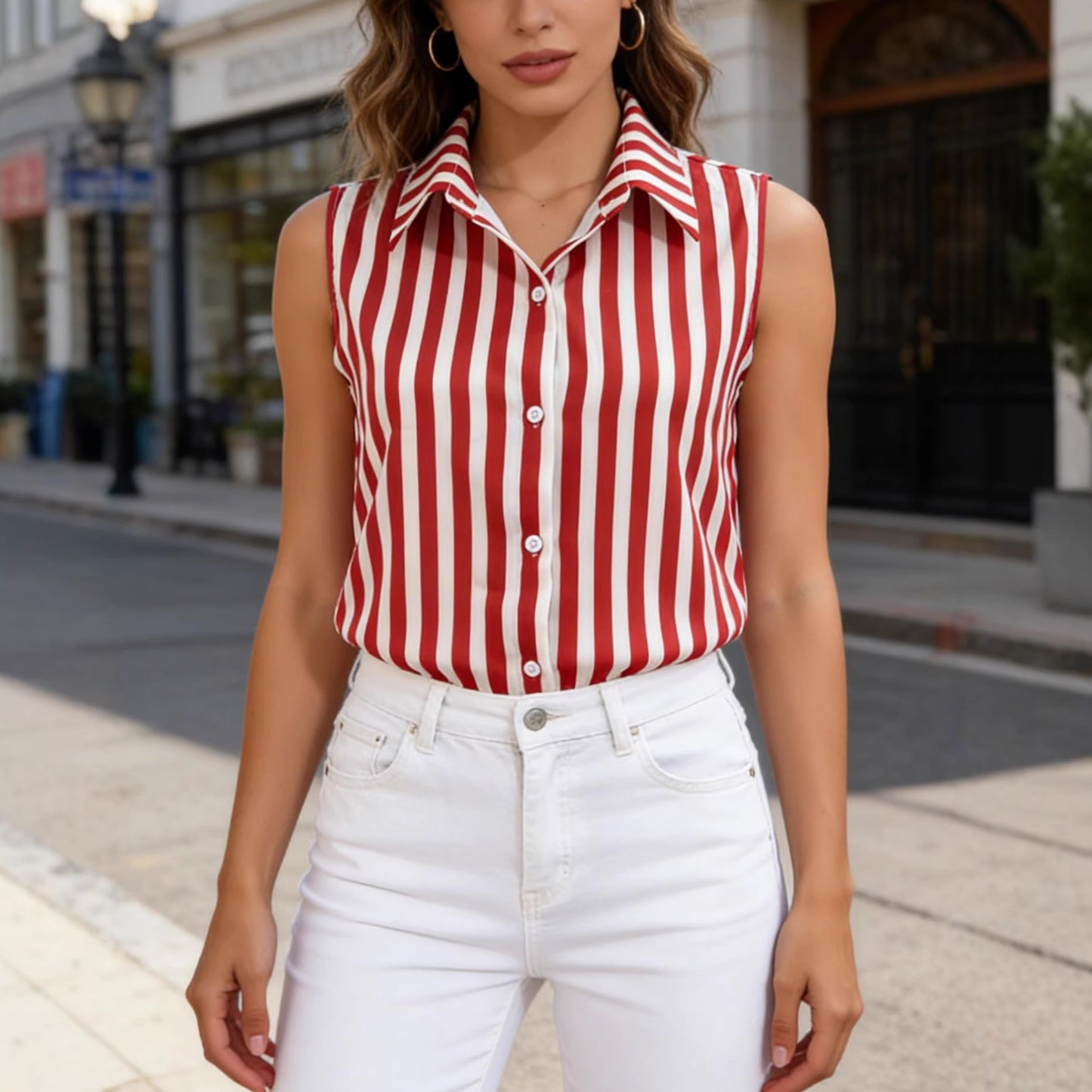 Red Striped Polo-neck Sleeveless Top