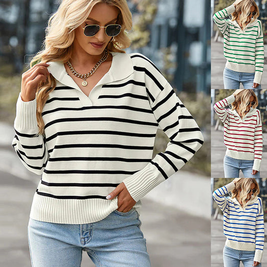 Casual V-neck Lapel Striped Sweater